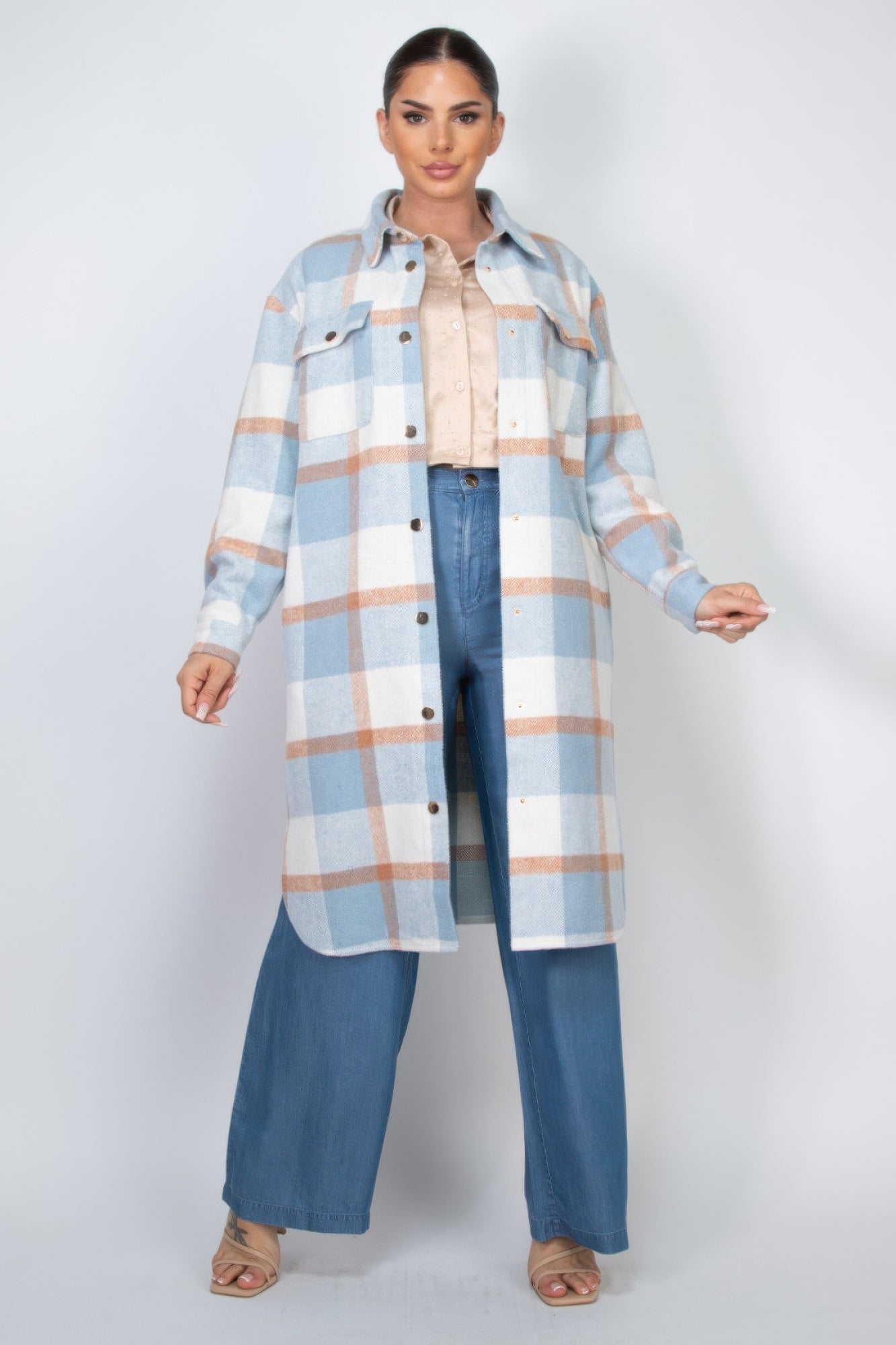 plaid buttoned shacket coat