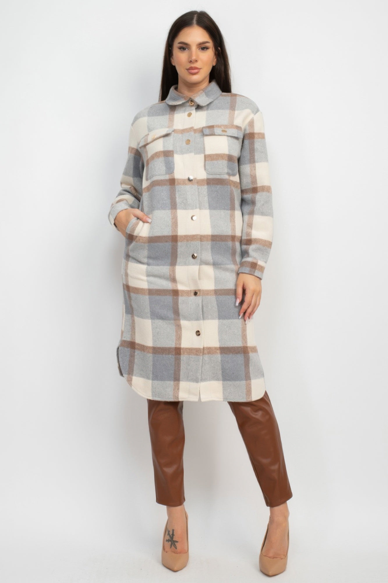 plaid buttoned shacket coat