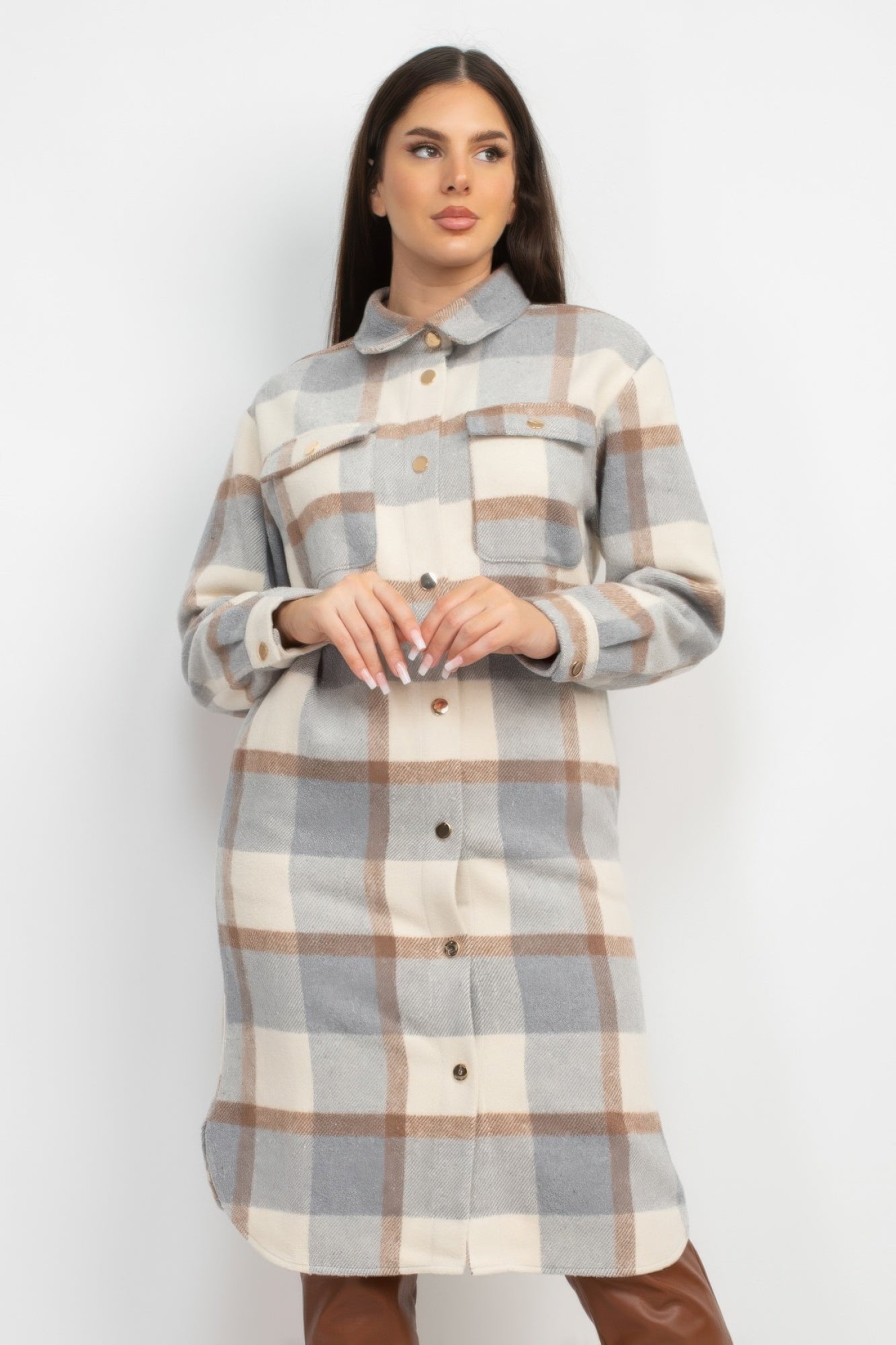 plaid buttoned shacket coat