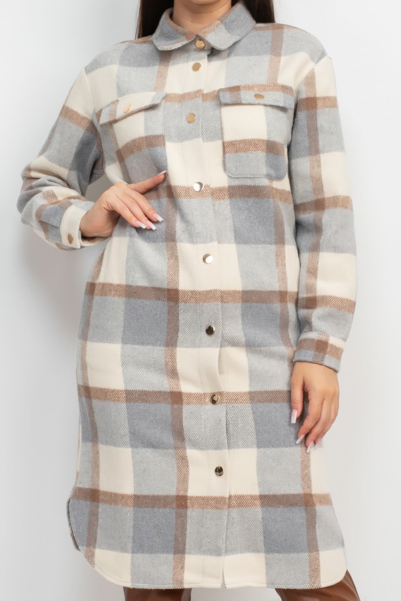 plaid buttoned shacket coat