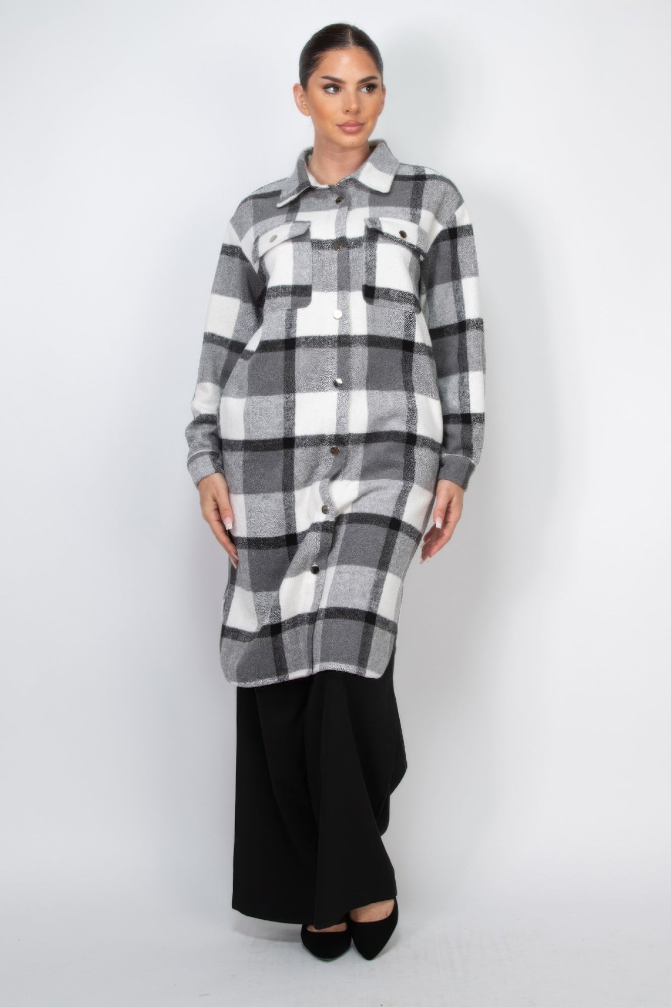 plaid buttoned shacket coat