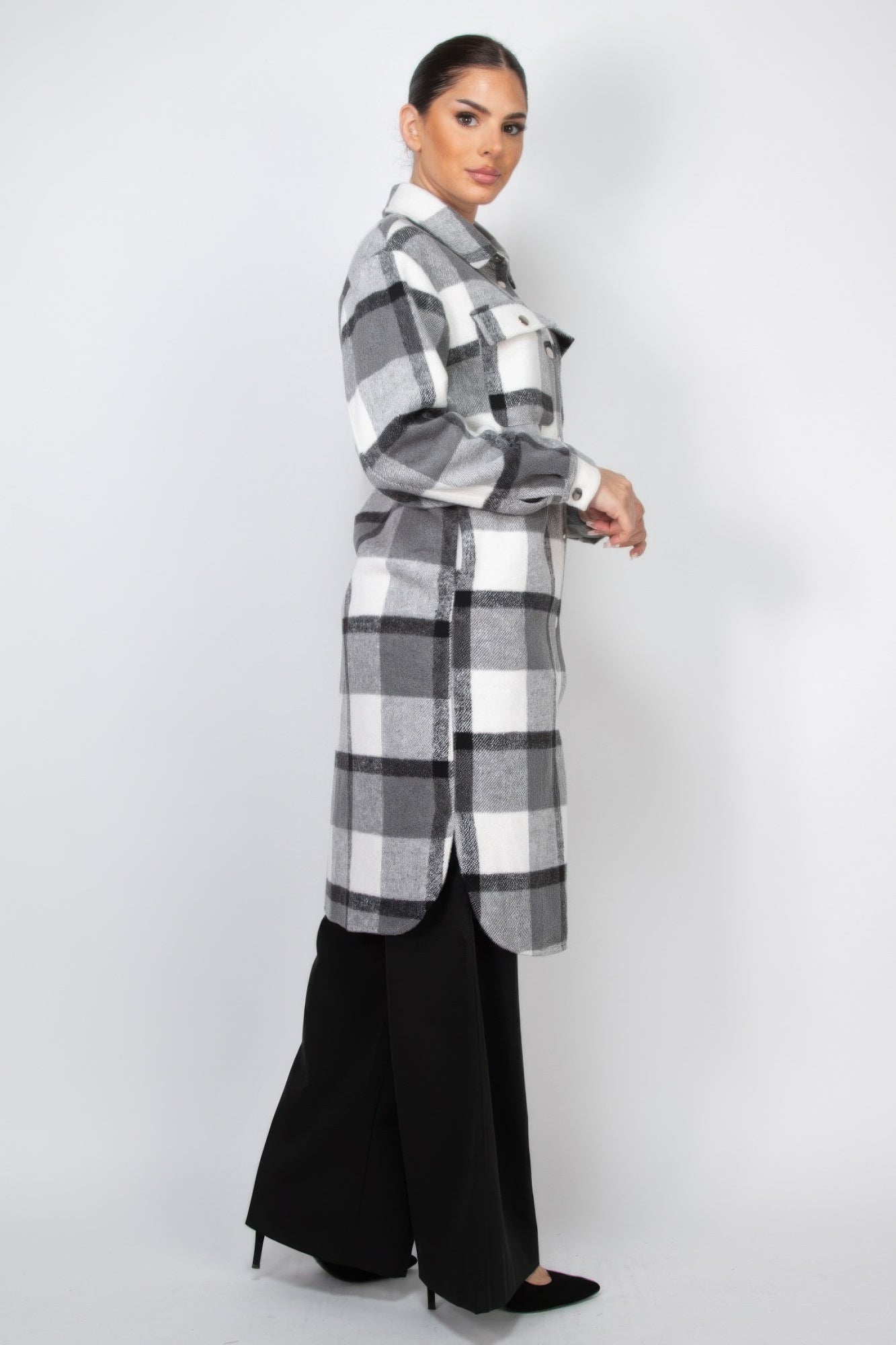 plaid buttoned shacket coat