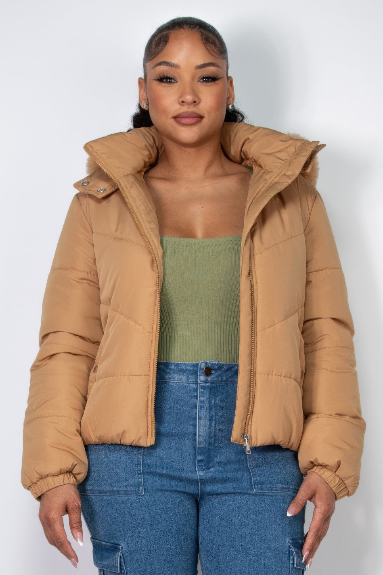 insulated zip-up faux fur hooded jacket